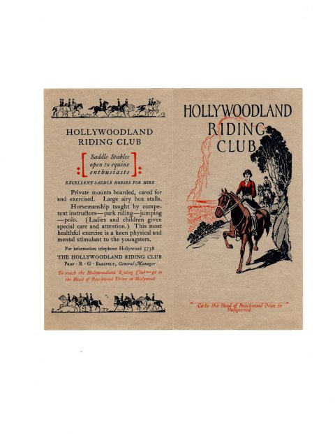 The Front and Back Covers of a Hollywoodland Riding Club pamphlet, circa 1923/All Photos Hope Anderson Productions